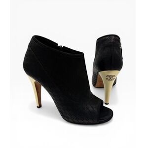 Chanel CC Heel Peep Toe Booties COA 37.5 Black Gold Perforated Leather 4" BOX